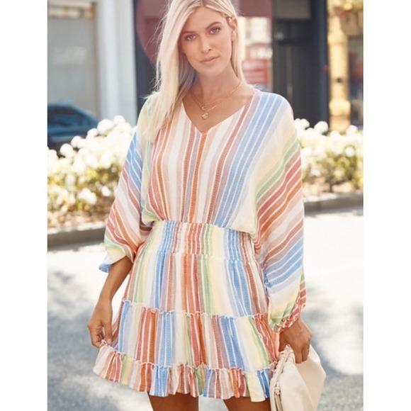 Hailey & Co. Dresses & Skirts - Hailey & Co Striped V Neck‎ Smocked Waist Tiered Ruffle Dress Women's Sz M Boho